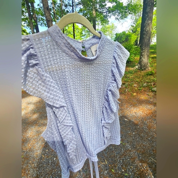 Maeve Cropped Ruffled Mesh Waffle Blouse - Picture 1 of 7